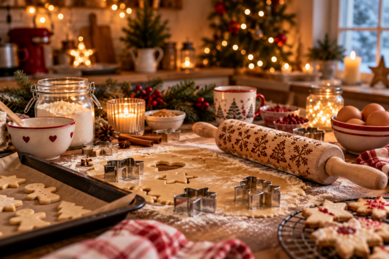Backutensilien auf einem Tisch in weihnachtlicher Umgebung
