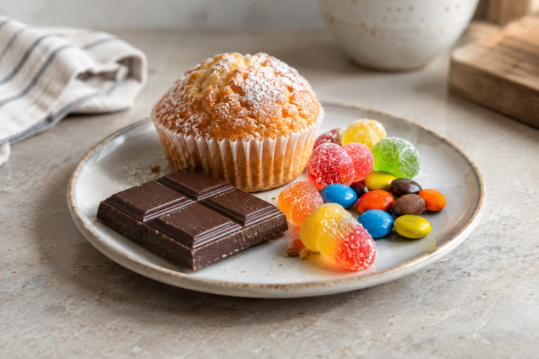 Teller mit Muffin, Schokolade und Süßigkeiten