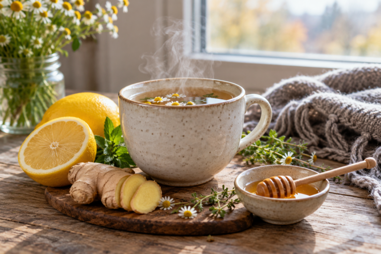 Tasse Kräutertee mit Zitrone, Ingwer und Honig