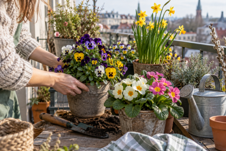 Stiefmütterchen, Primeln und Narzissen auf einem Balkon im Frühjahr