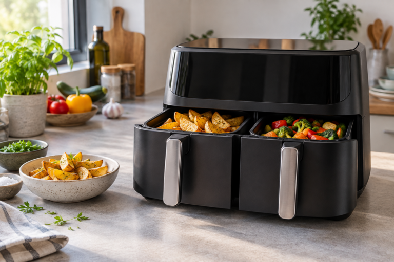 Schwarzer Airfryer mit zwei Garkörben, Kartoffeln und Gemüse