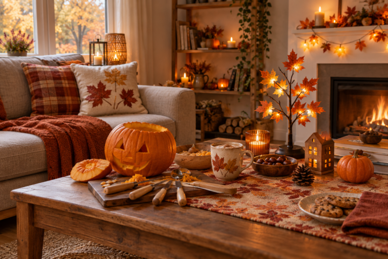 Gemütliches Wohnzimmer mit zehn herbstlichen Gadgets und beleuchteter Dekoration