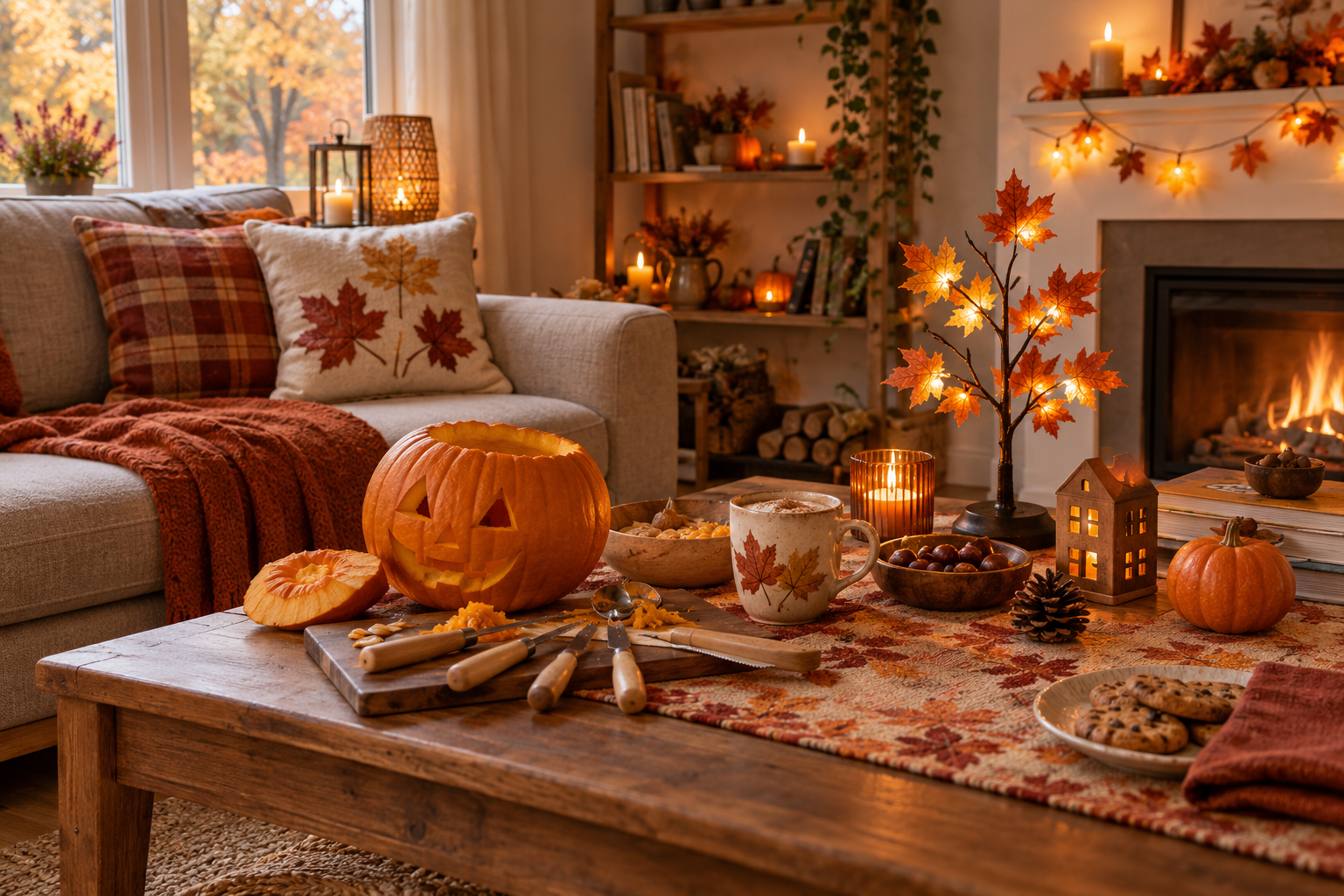 Gemütliches Wohnzimmer mit zehn herbstlichen Gadgets und beleuchteter Dekoration