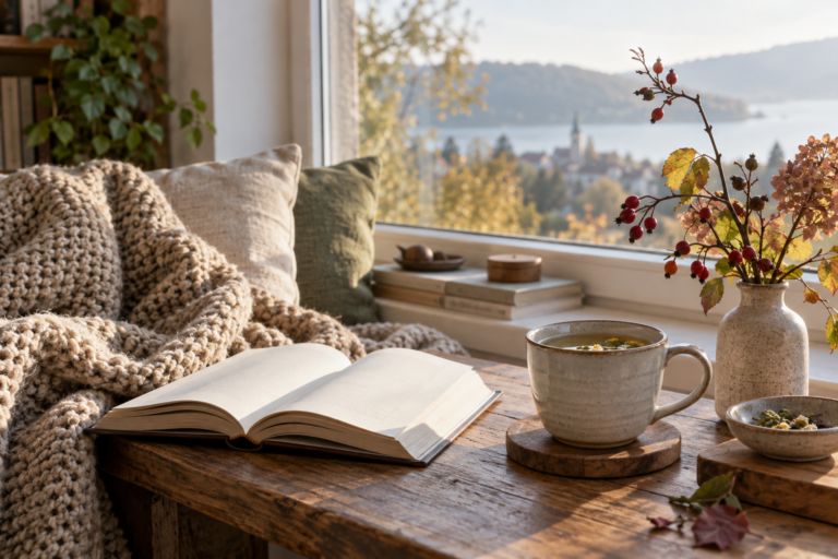 Buch, Kräutertee und Strickdecke stehen für einen ruhigen Alltag