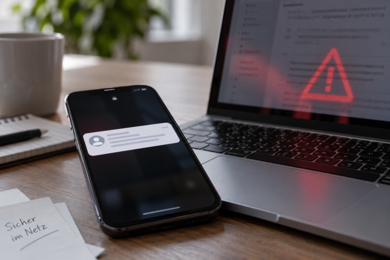 Smartphone und Laptop zeigen eine Warnung vor gefälschten Absendern