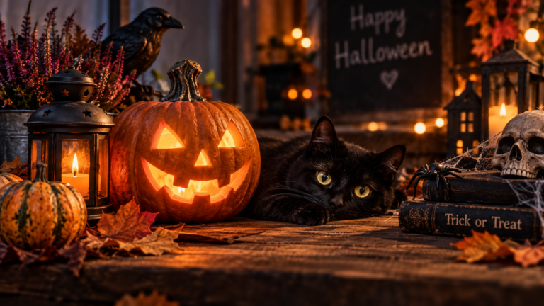 Halloween-Gadgets mit schwarzer Katze, leuchtendem Kürbis und gruseliger Herbstdekoration