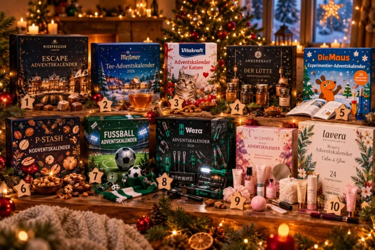 Mehrere Adventskalender aufgereiht (Bild mit Unterstützung von KI erstellt)