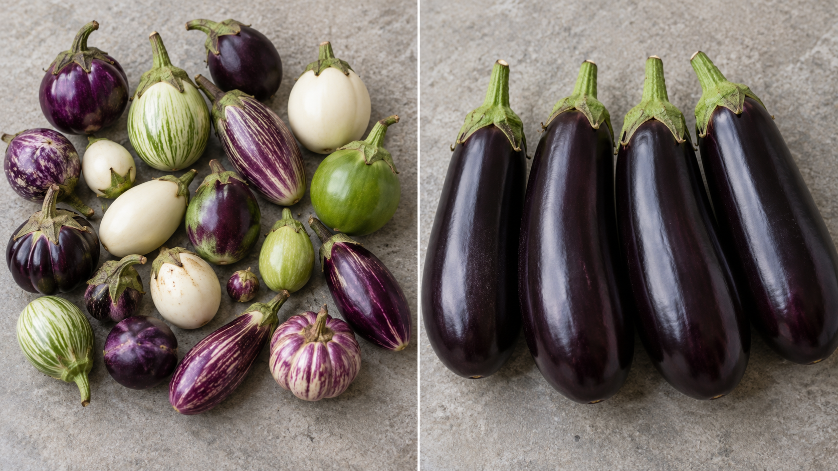 Vielfältige runde Auberginensorten und einheitliche violette Handelsauberginen im Vergleich