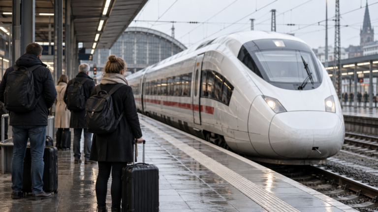 Reisende warten mit Gepäck am Bahnsteig neben einem Zug