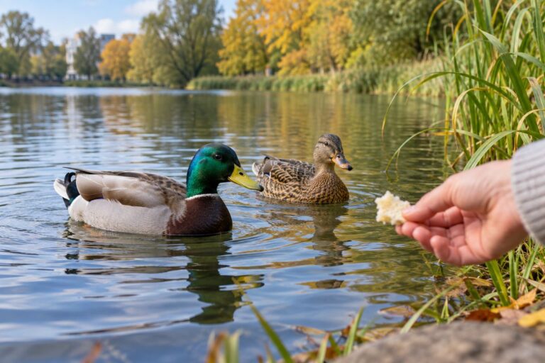 Stockenten an einem Teich vor einem angebotenen Stück Brot
