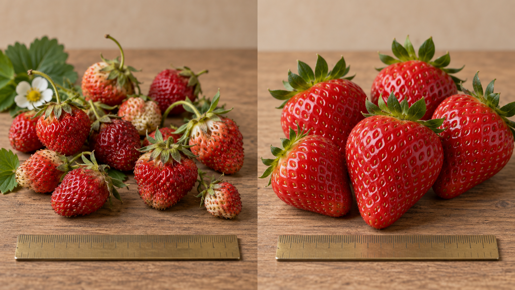 Kleine historische Erdbeeren und große moderne Supermarkterdbeeren im Vergleich