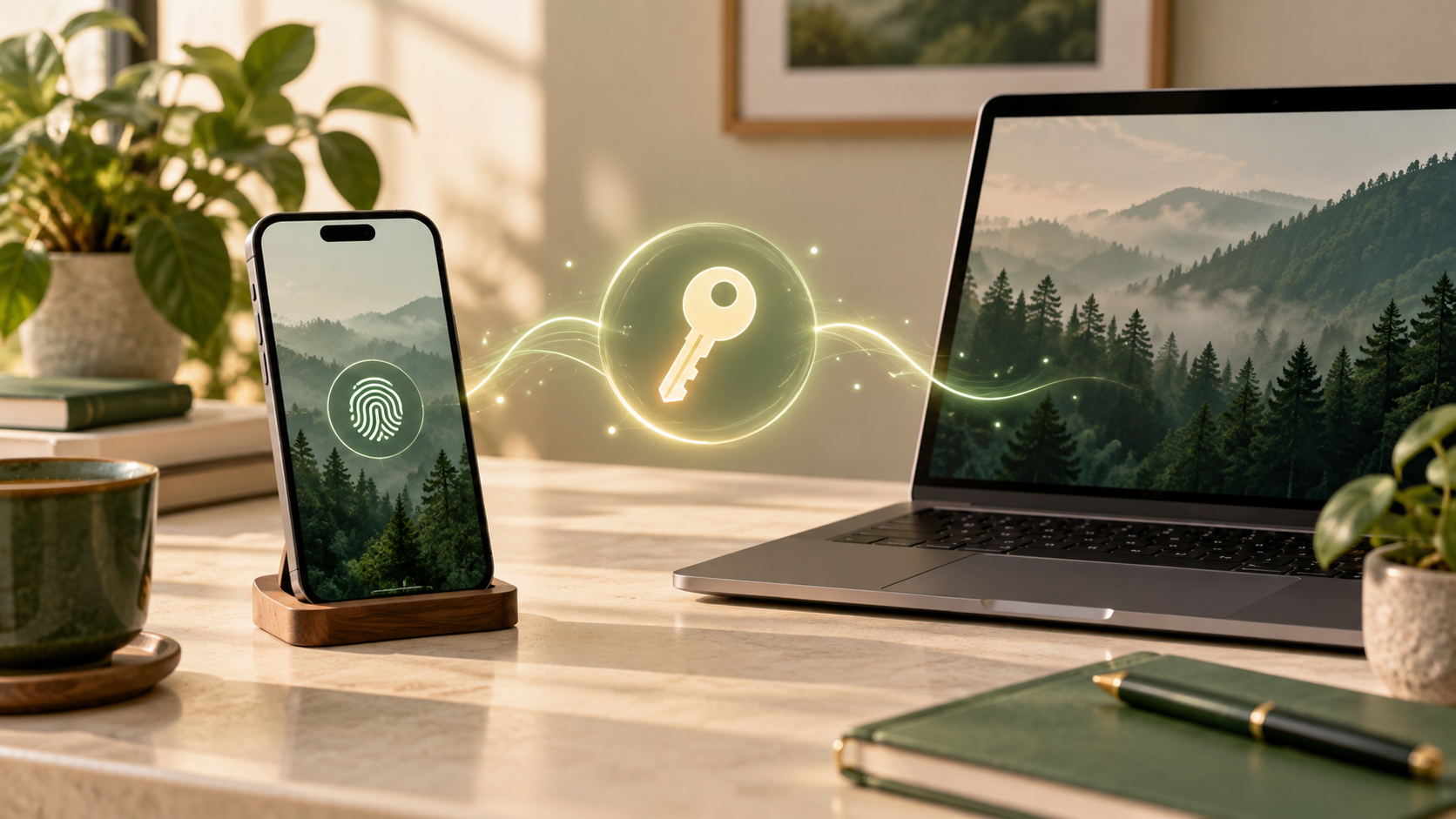 Smartphone und Laptop mit Schlüsselsymbol als Darstellung eines Passkeys