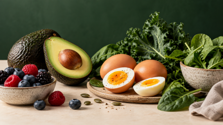 Avocado, Eier, Beeren und grünes Gemüse als Symbol für ketogene Ernährung