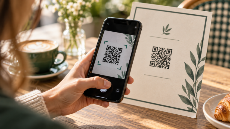 Smartphone scannt einen QR-Code auf einer Karte
