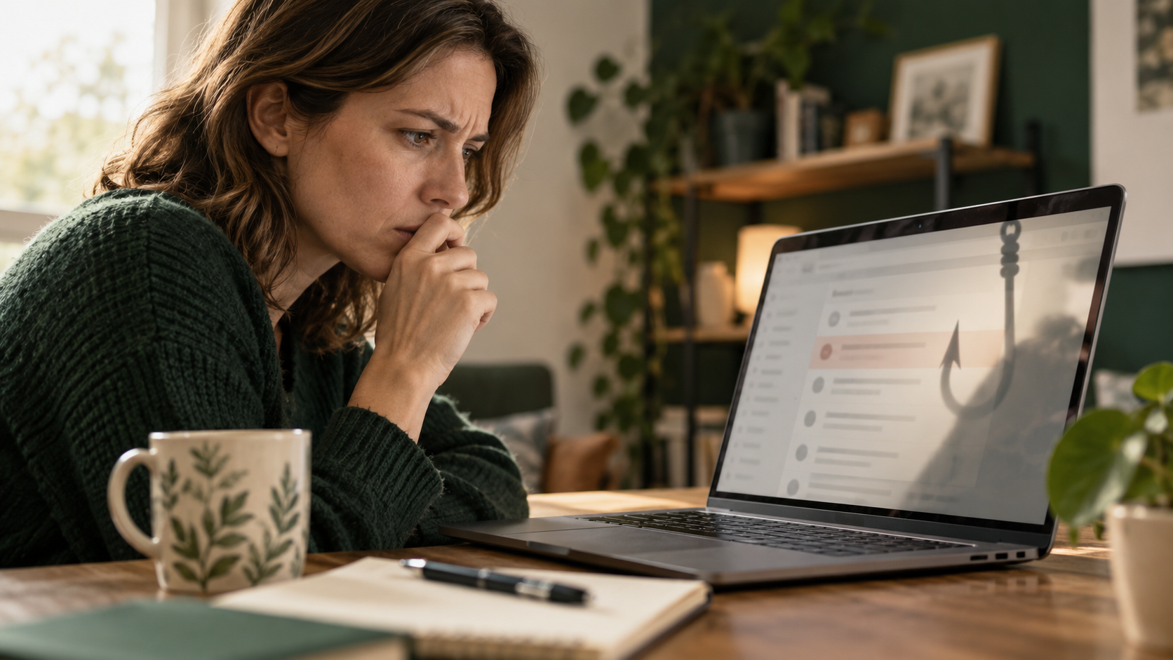 Frau prüft eine verdächtige E-Mail am Laptop