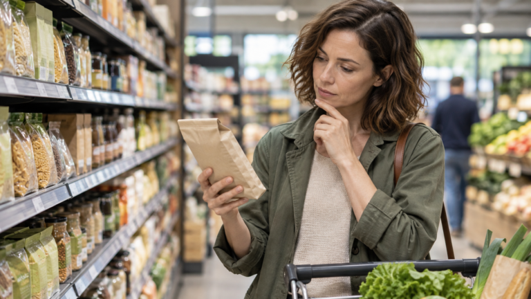 Frau prüft eine Produktverpackung im Supermarkt