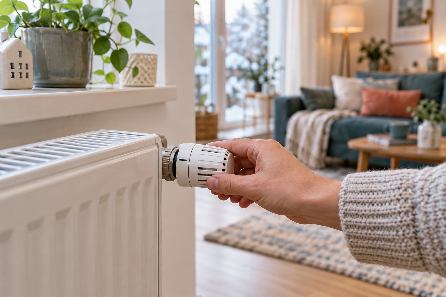 Hand stellt das Thermostat an einem Heizkörper ein
