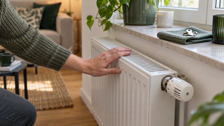 Eine Hand prüft einen kalten Heizkörper mit Thermostat