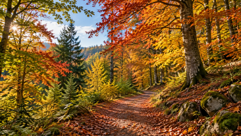 Bunter Herbstwald mit roten, gelben und orangefarbenen Blättern