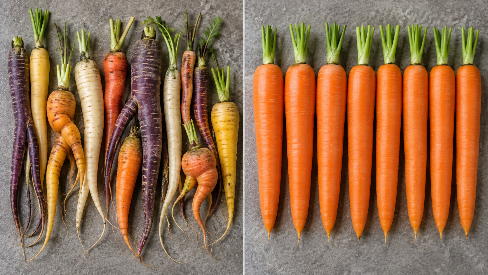 Bunte krumme Karottensorten und gerade orange Supermarktkarotten im Vergleich