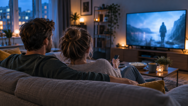 Zwei Menschen sehen gemeinsam auf dem Sofa fern
