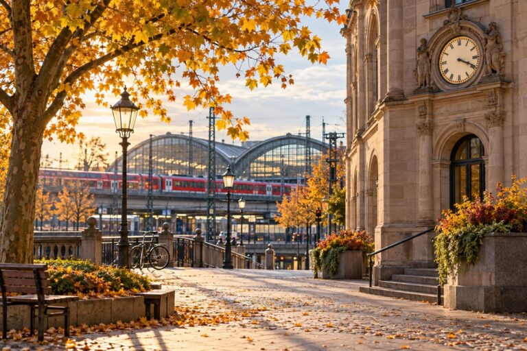 Herbstliche Stadt mit Bahnhof und großer Uhr als Symbol für Änderungen im Oktober 2026