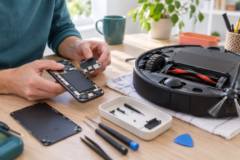 Reparatur von Smartphone und Saugroboter mit Werkzeug