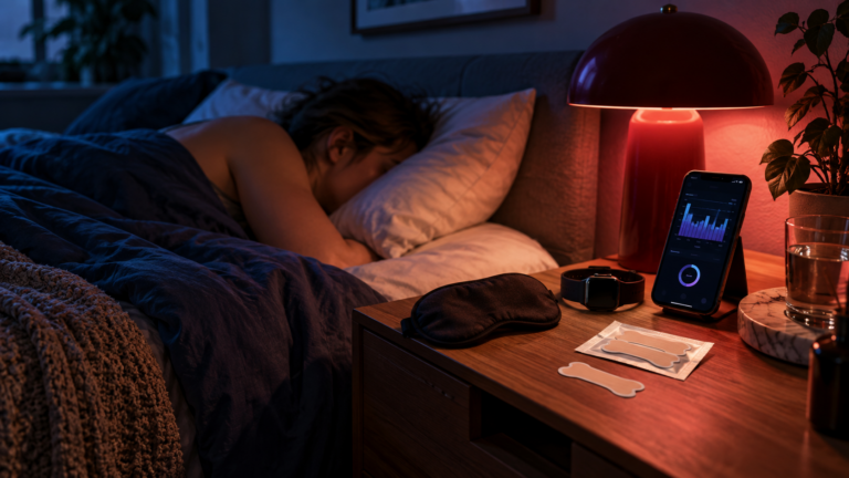 Schlafzimmer mit Schlaftracker, Schlafmaske und rotem Licht beim Sleepmaxxing