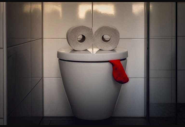 Toilette mit zwei Toilettenpapierrollen und rotem Tuch.