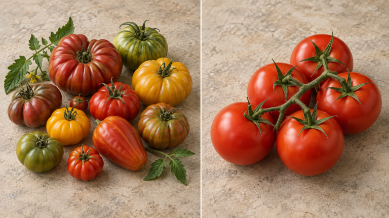 Vielfältige historische Tomatensorten und einheitliche rote Supermarkttomaten im Vergleich