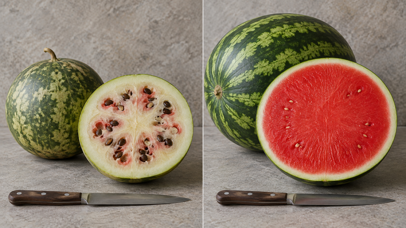 Pale kernreiche historische Wassermelone und rote moderne Wassermelone im Vergleich