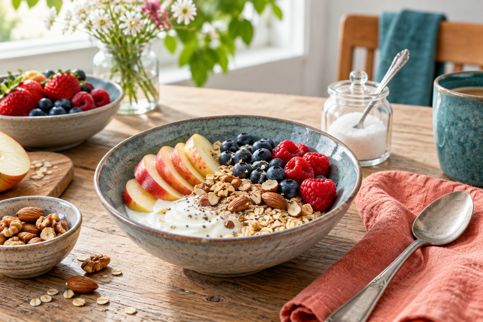 Gesundes Frühstück mit Obst, Joghurt und wenig Zucker