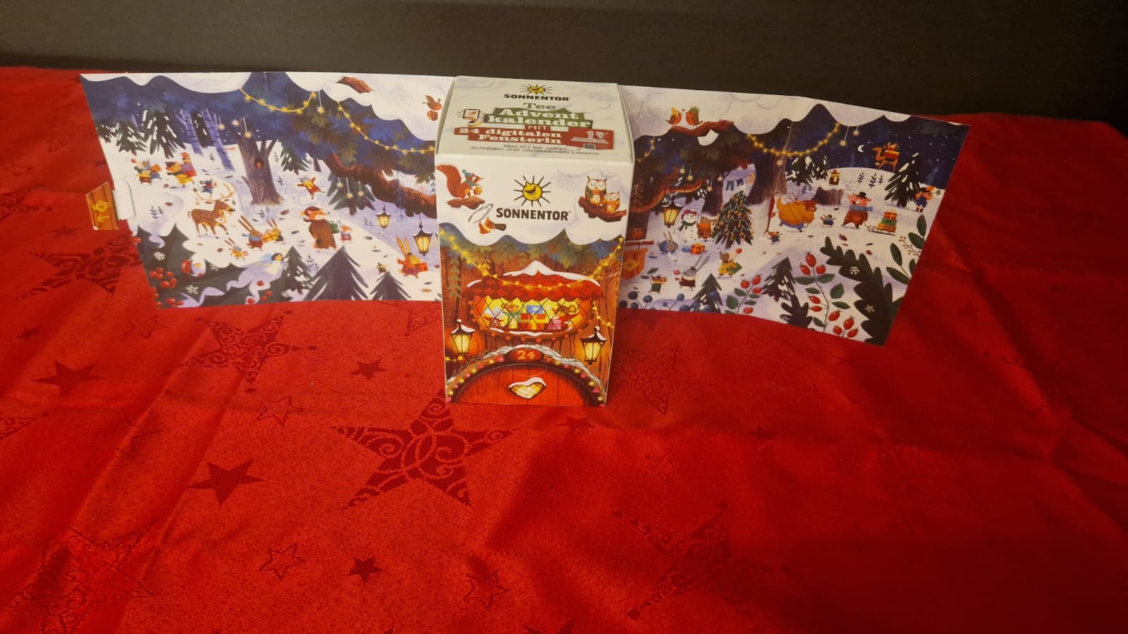 Aufgeklappter Sonnentor Tee-Adventskalender mit Winterkulisse