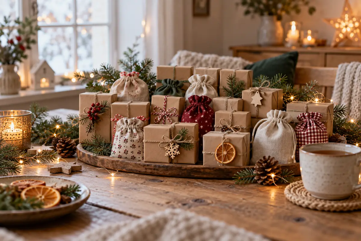 Kleine Päckchen und Stoffbeutel als Adventskalender auf einem winterlich dekorierten Tisch