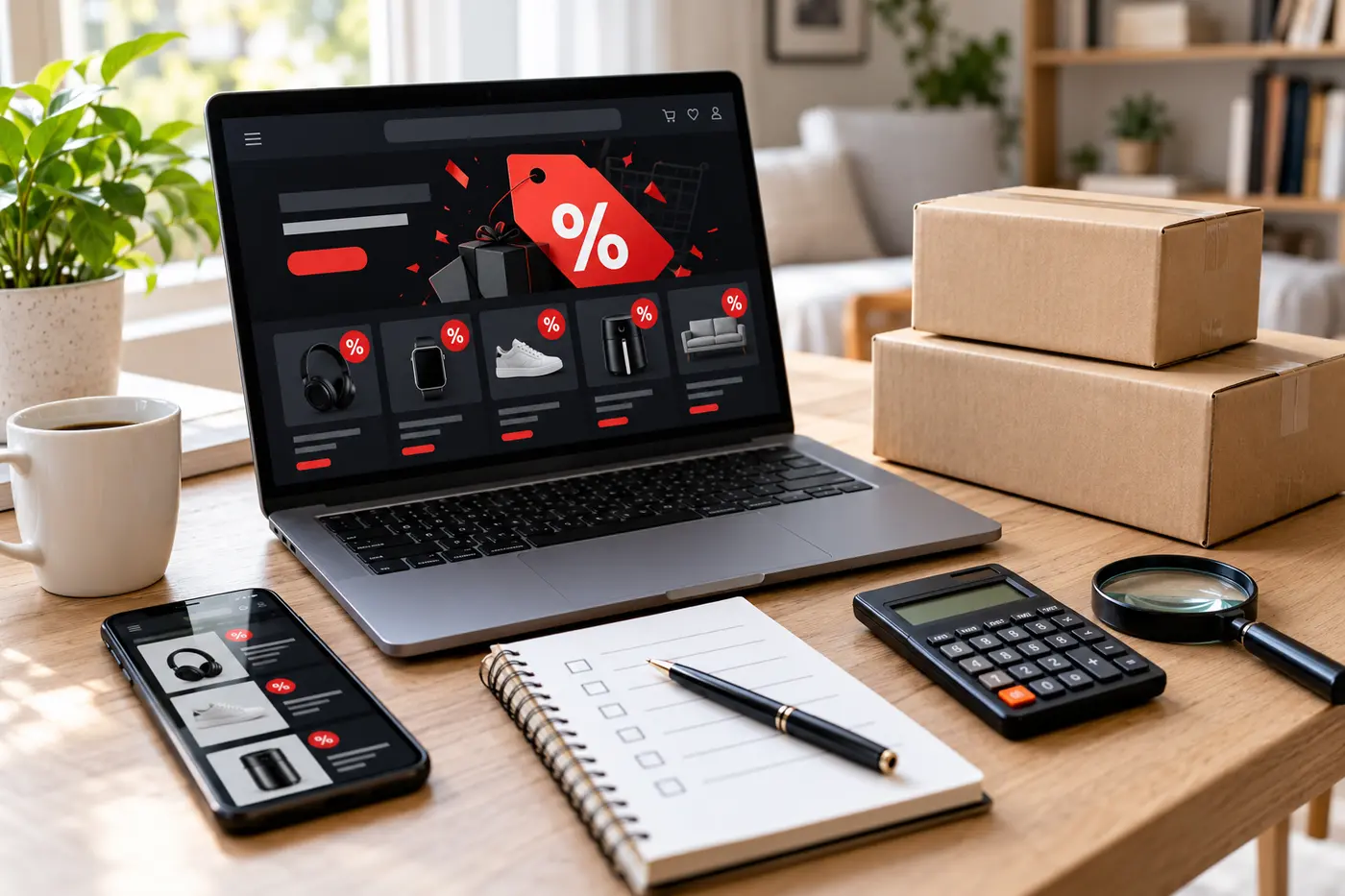 Laptop, Smartphone, Pakete und Lupe für den Black Friday