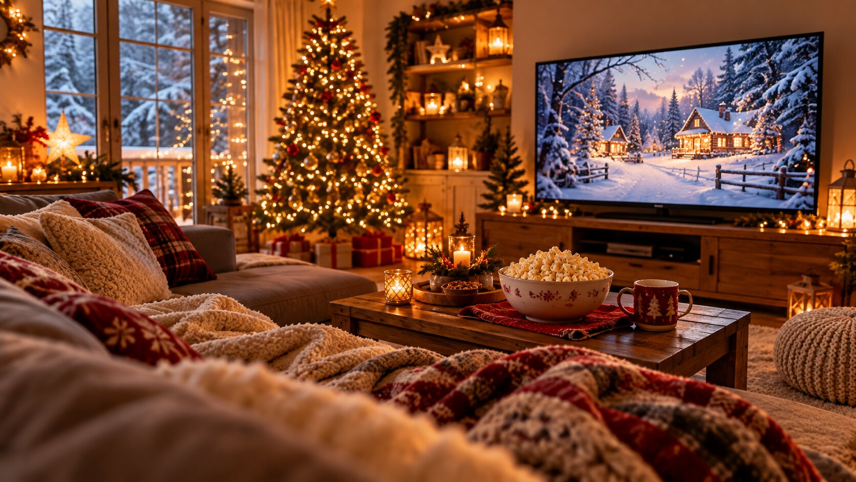 Gemütlicher Weihnachtsfilmabend im Wohnzimmer