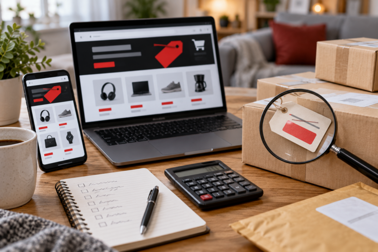 Laptop, Smartphone, Pakete und Lupe bei der Prüfung von Angeboten am Black Friday