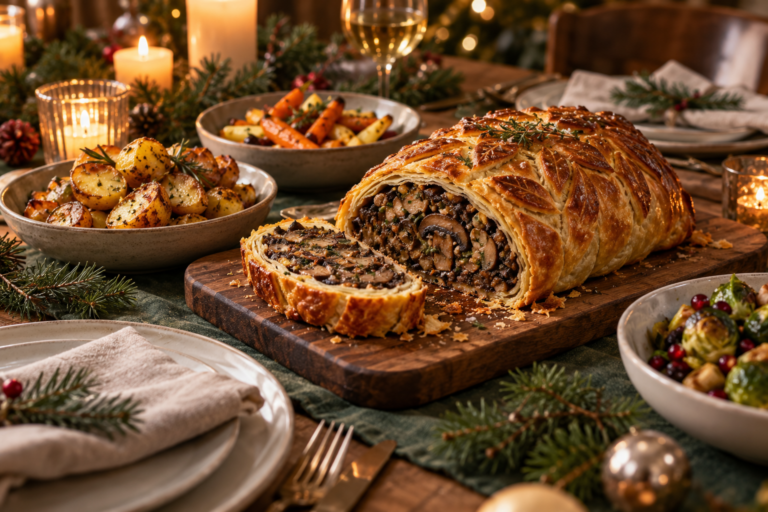 Pilz-Wellington mit Ofenkartoffeln und Wintergemüse auf einer festlich gedeckten Weihnachtstafel
