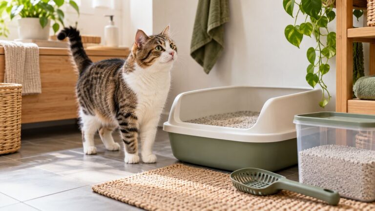 Katze neben einer sauberen Katzentoilette mit Streuschaufel und frischer Katzenstreu