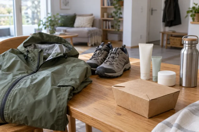 Regenjacke, Schuhe, Kosmetik und Papierverpackung auf einem Tisch, KI-generiertes Symbolbild