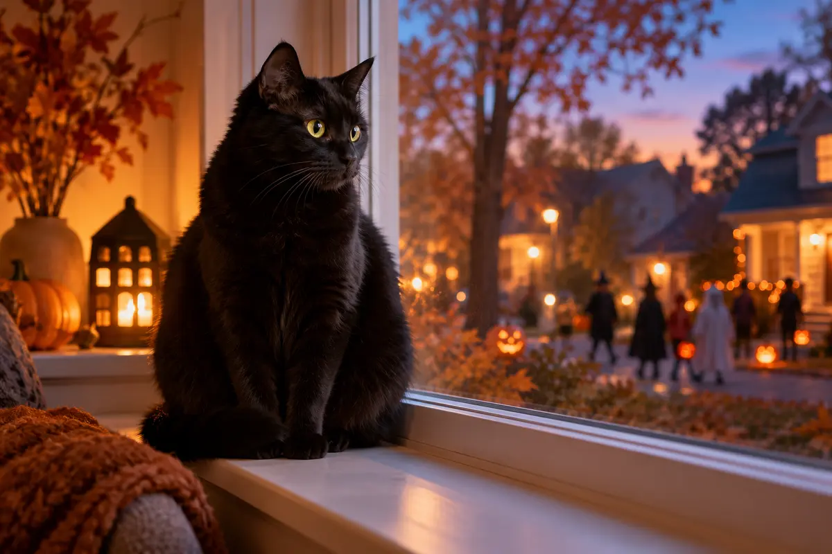 Schwarze Katze sitzt an einem Halloweenfenster mit Kürbissen