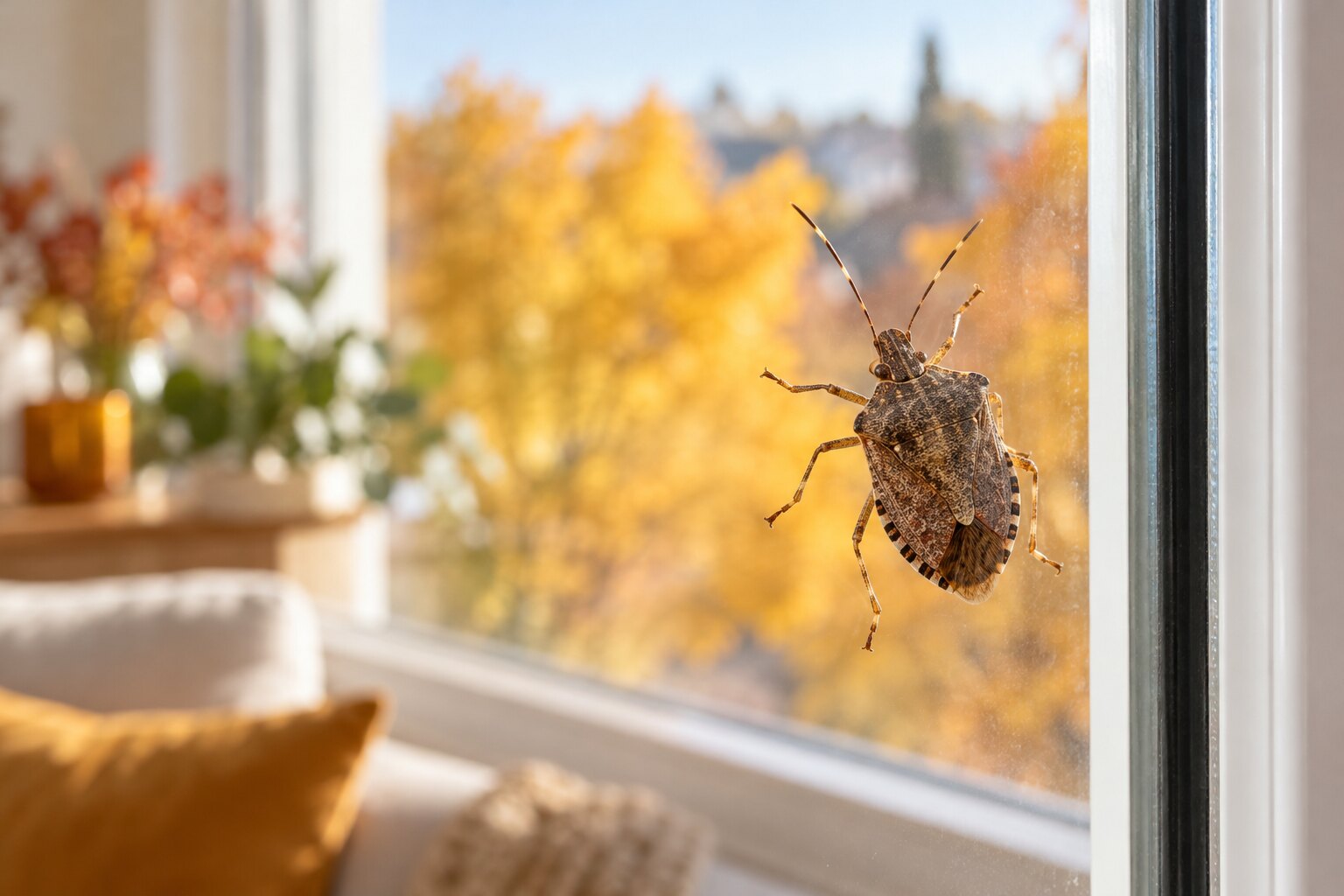 Stinkwanze am Fenster im Herbst