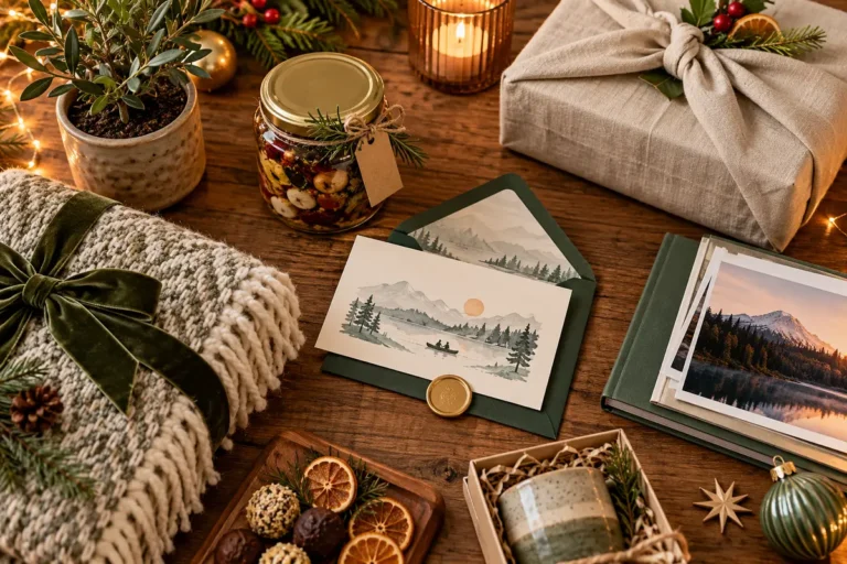 Außergewöhnliche Weihnachtsgeschenke stilvoll auf einem Tisch arrangiert